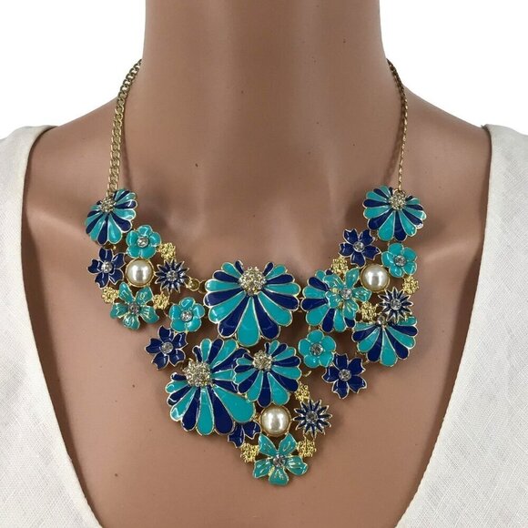 Amrita Singh Necklace Blue Navy Stripe Flowers Rhinestone Accent Faux Pearls - Picture 1 of 2